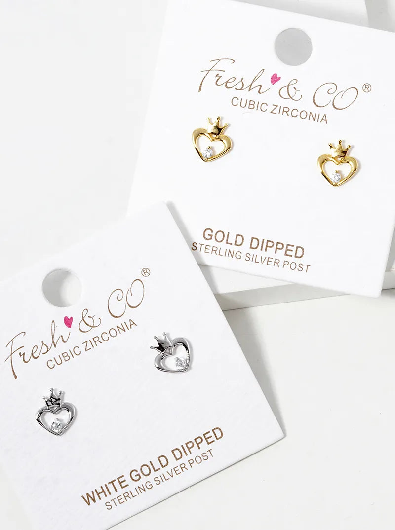 White Gold Dipped CZ Heart Crown Stud Earrings