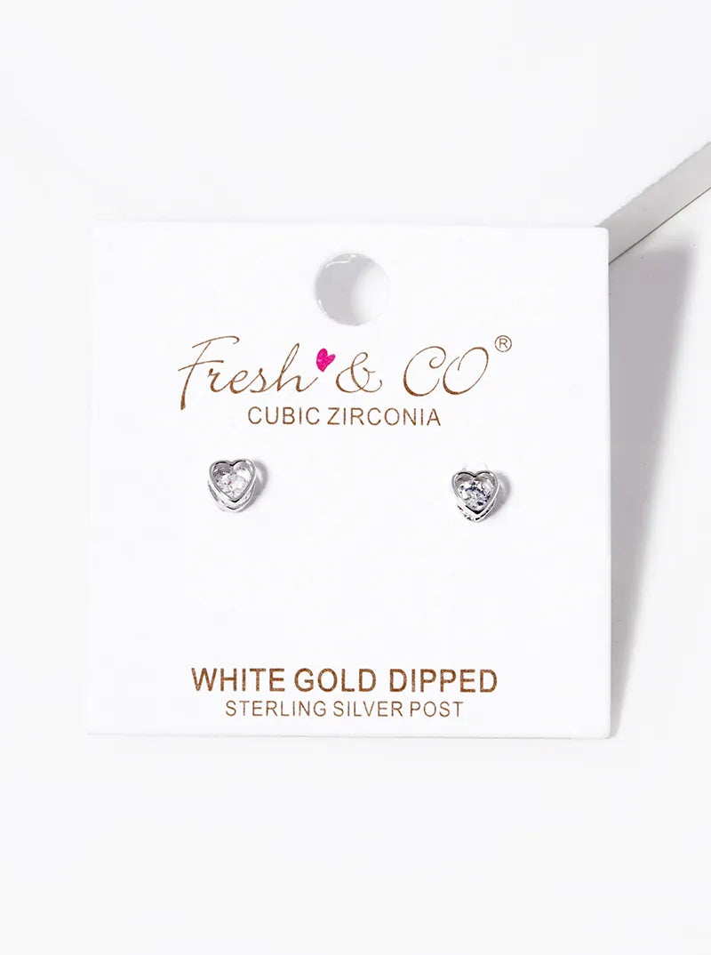 White Gold Dipped CZ Heart Stud Earrings