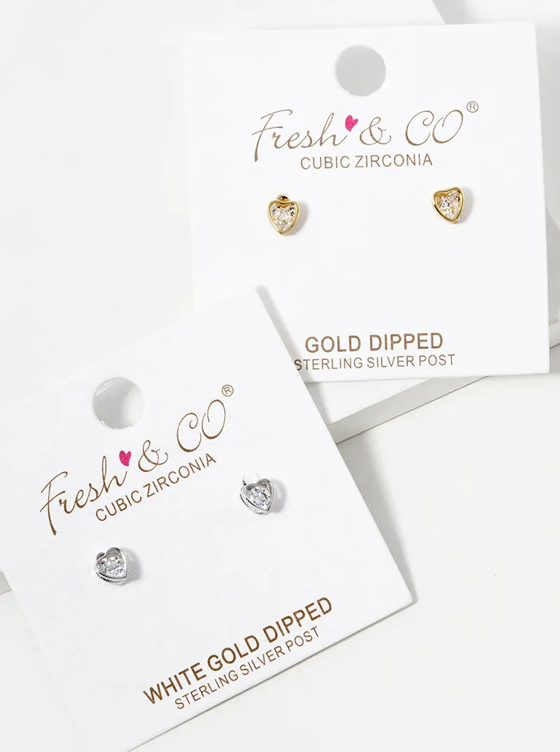 White Gold Dipped CZ Heart Stud Earrings