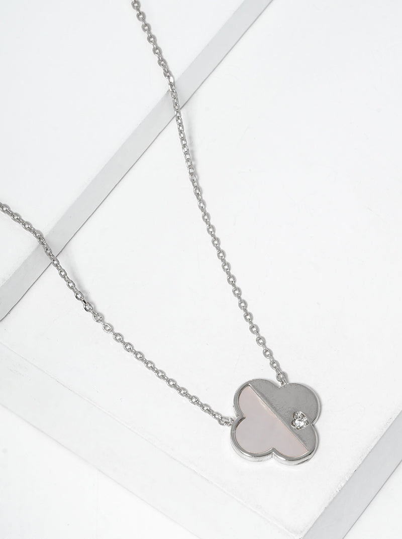 White Gold Dipped CZ Pave MOP Crescent Moon Pendant Necklace