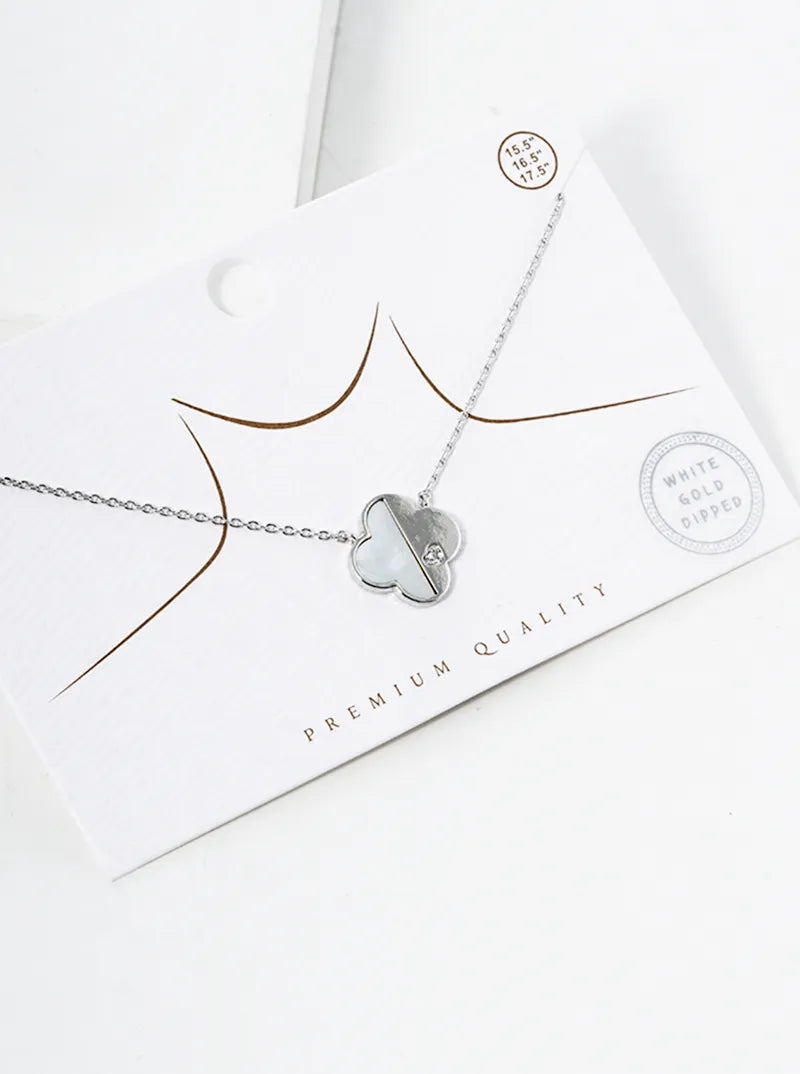 White Gold Dipped CZ MOP Quatrefoil Pendant Necklace