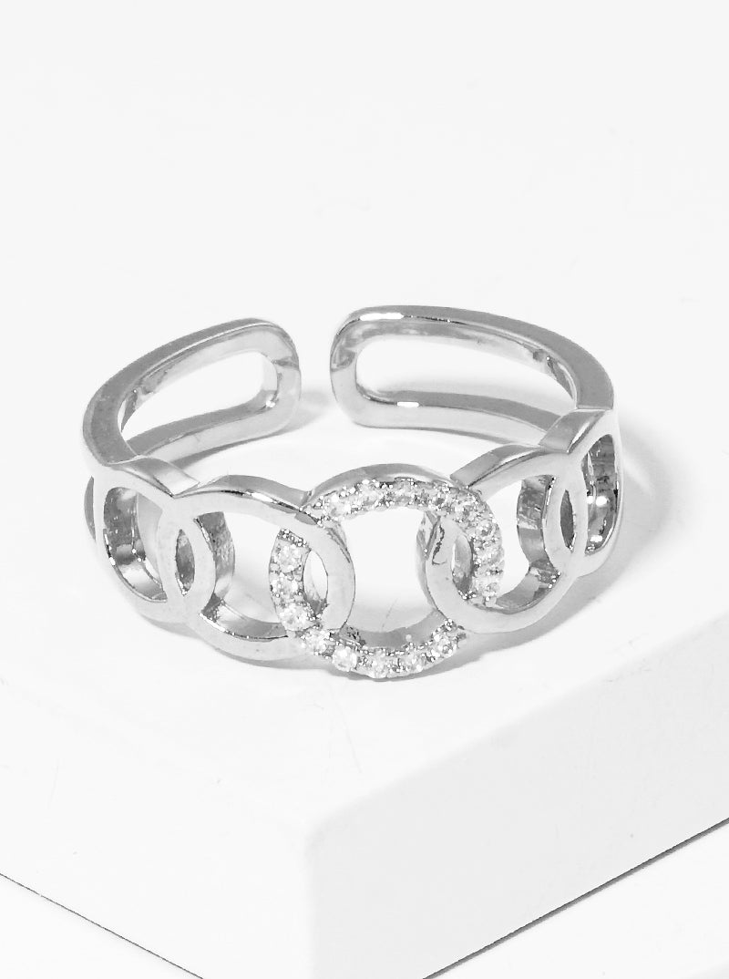 White Gold Dipped CZ Multi Circle Adjustable Cuff Ring