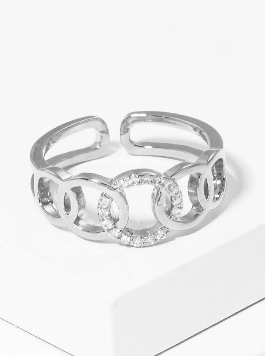 White Gold Dipped CZ Multi Circle Adjustable Cuff Ring