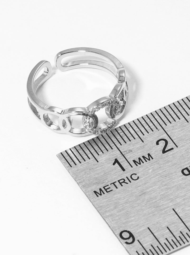 White Gold Dipped CZ Multi Circle Adjustable Cuff Ring