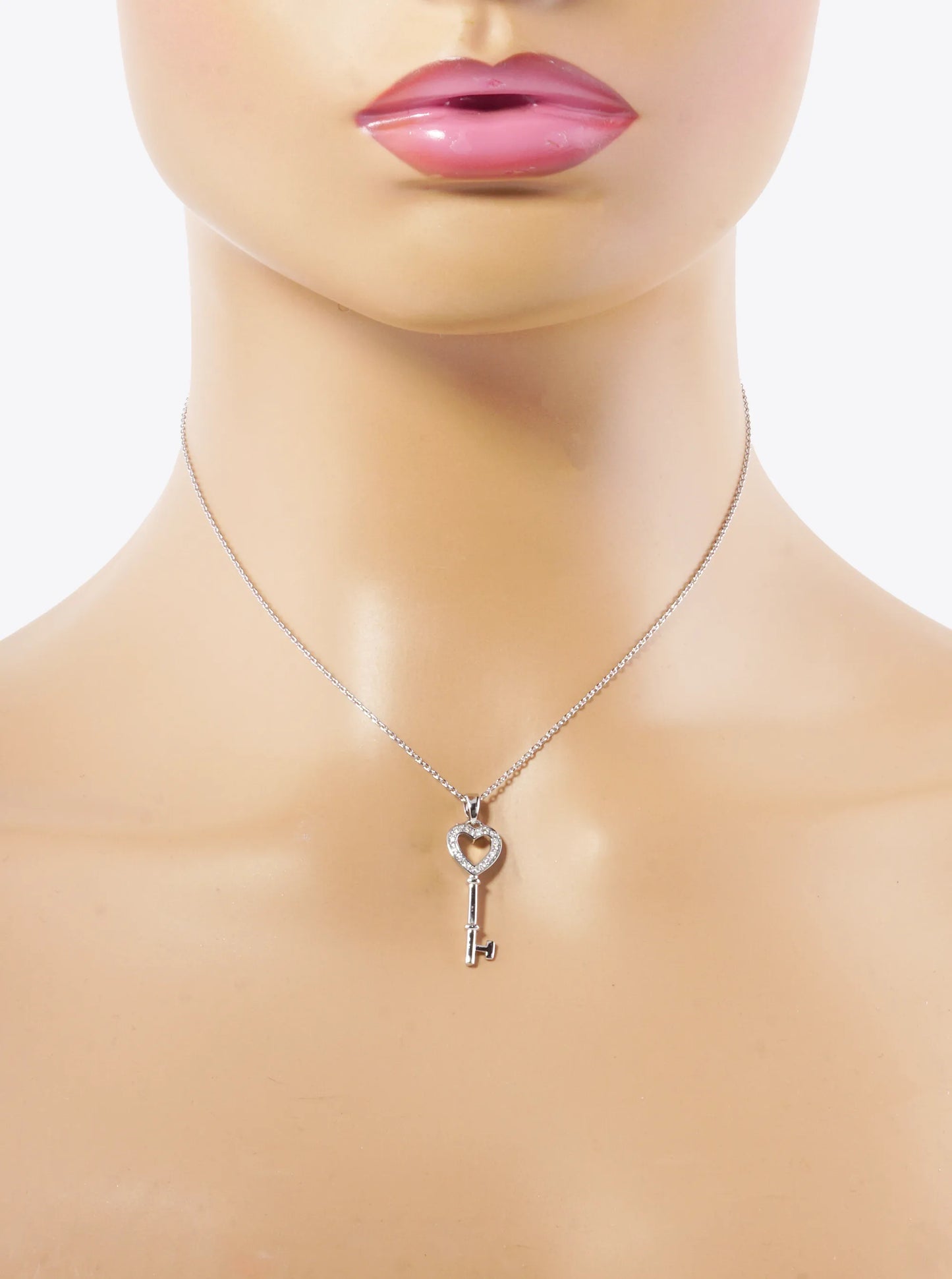 White Gold Dipped CZ Pave 1 Inch Heart Key Pendant Necklace