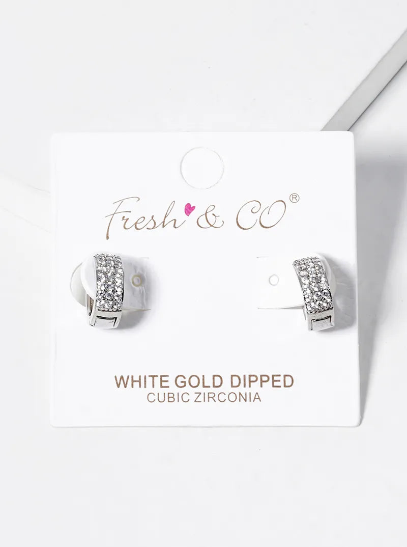 White Gold Dipped CZ Pave 10mm Bold Huggie Hoop Earrings