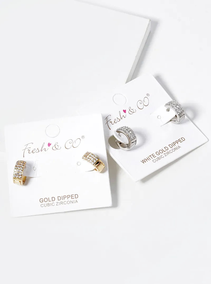 White Gold Dipped CZ Pave 10mm Bold Huggie Hoop Earrings