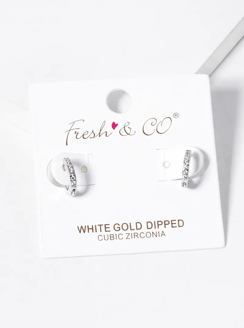 White Gold Dipped CZ Pave 10mm Huggie Hoop Earrings