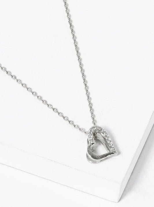 White Gold Dipped CZ Pave 11mm Sideways Heart Pendant Necklace