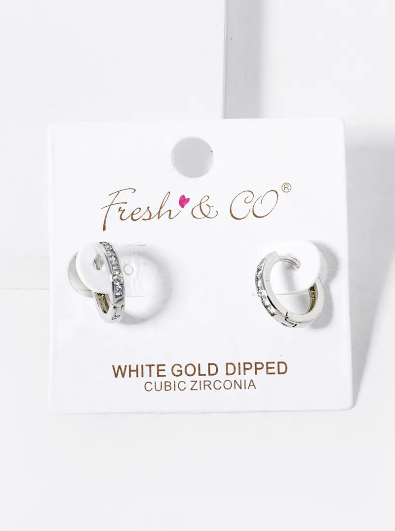 White Gold Dipped CZ Pave 12mm Huggie Hoop Earrings