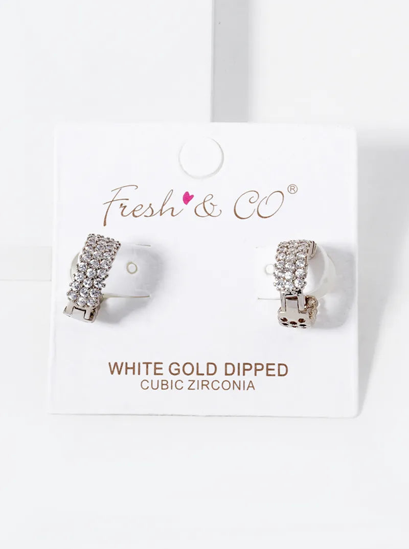 White Gold Dipped CZ Pave 13mm Huggie Hoop Earrings
