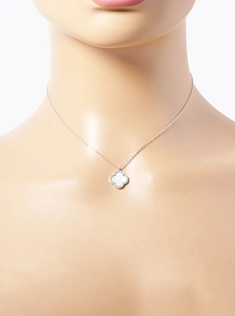 White Gold Dipped CZ Pave 13mm Quatrefoil Pendant Necklace