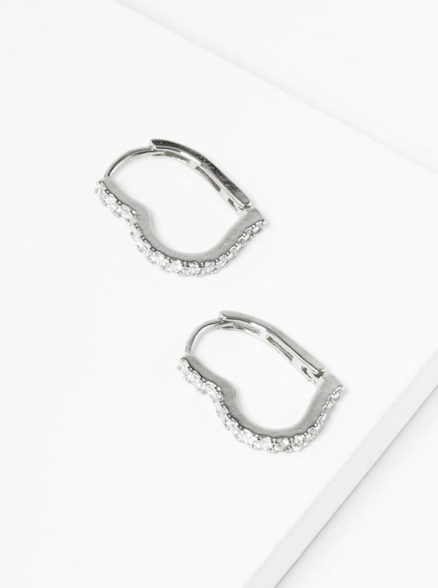 White Gold Dipped CZ Pave 15mm Heart Huggie Hoop Earrings