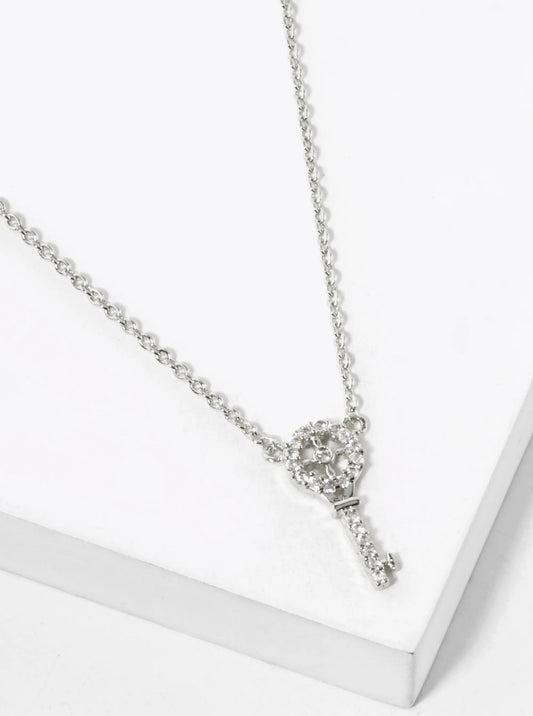 White Gold Dipped CZ Pave 15mm Key Pendant Necklace