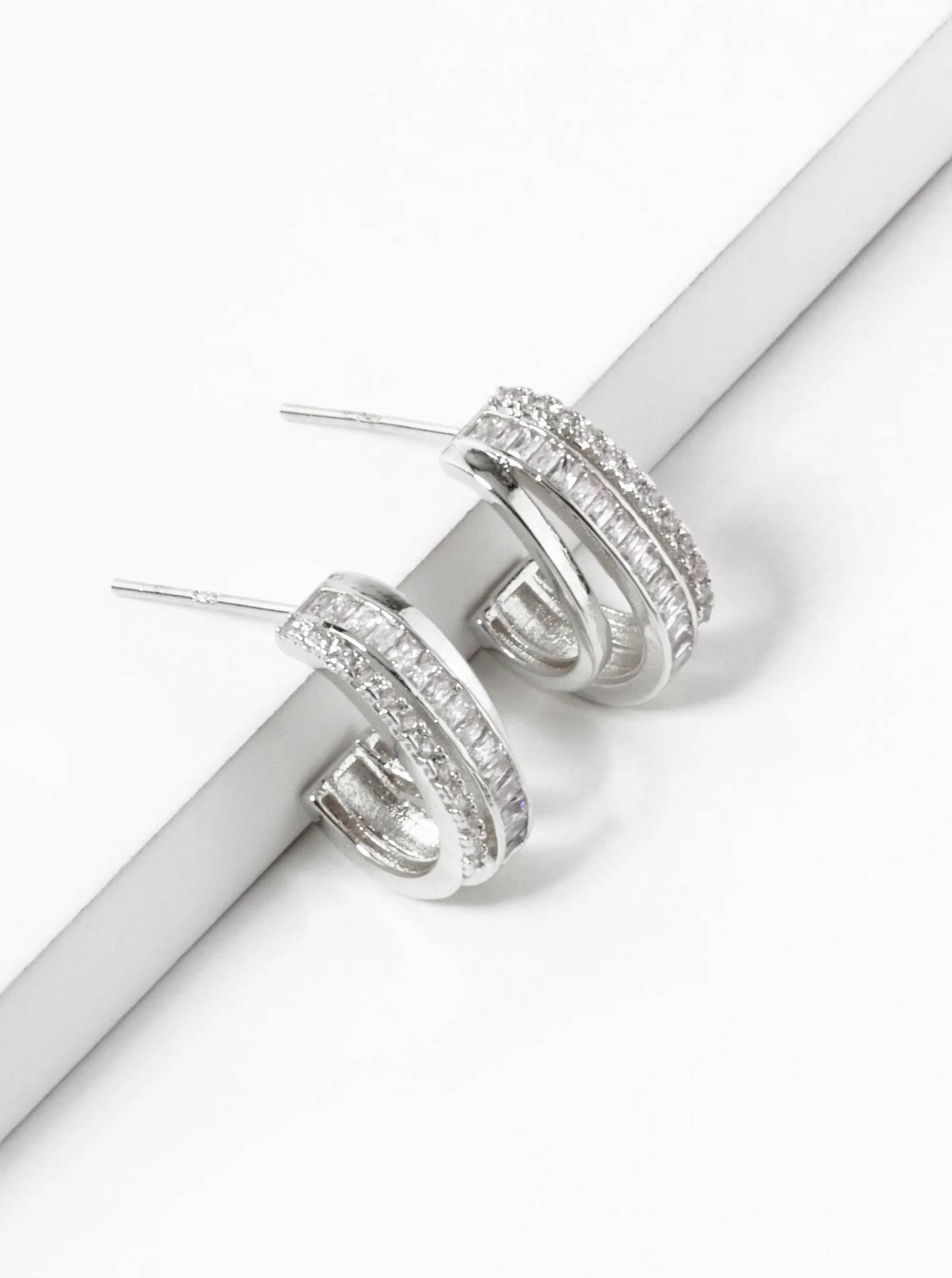 White Gold Dipped CZ Pave 15mm Layered Hoop Earrings