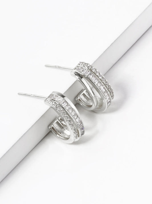 White Gold Dipped CZ Pave 15mm Layered Hoop Earrings