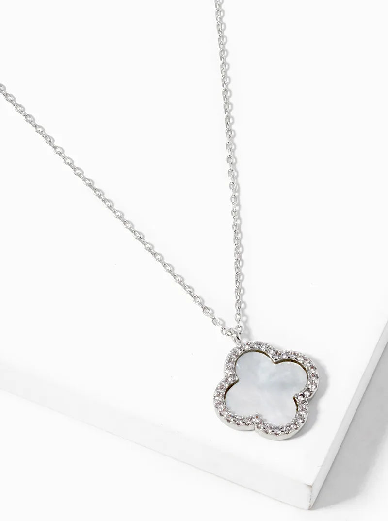 White Gold Dipped CZ Pave 15mm Quatrefoil Pendant Necklace