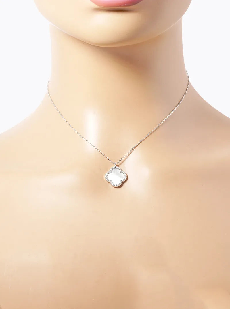 White Gold Dipped CZ Pave 15mm Quatrefoil Pendant Necklace