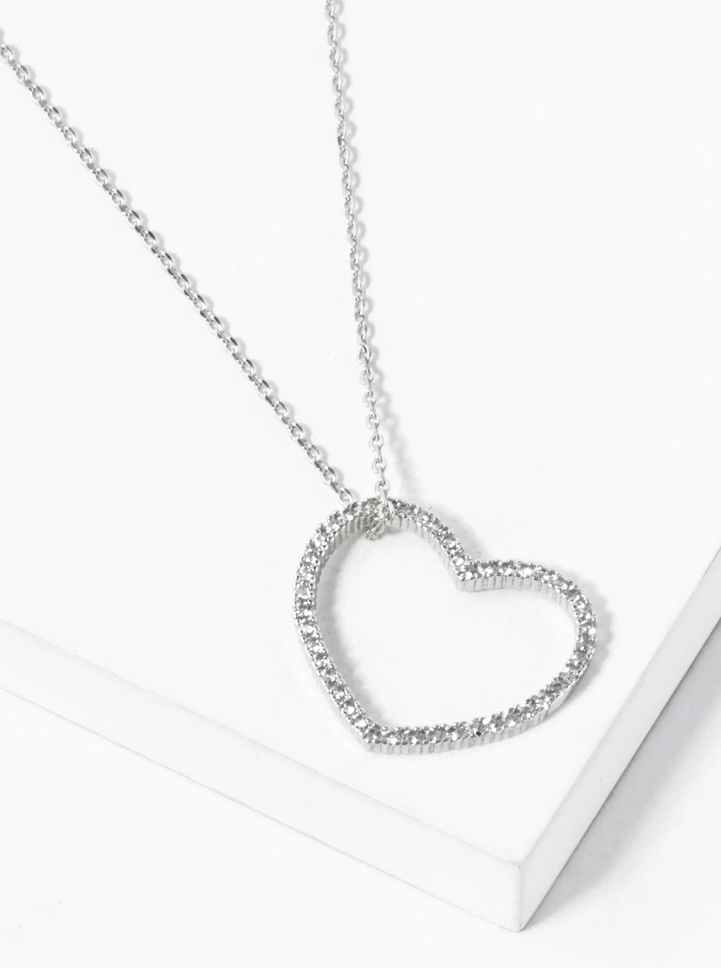 White Gold Dipped CZ Pave 20mm Sideways Heart Pendant Necklace