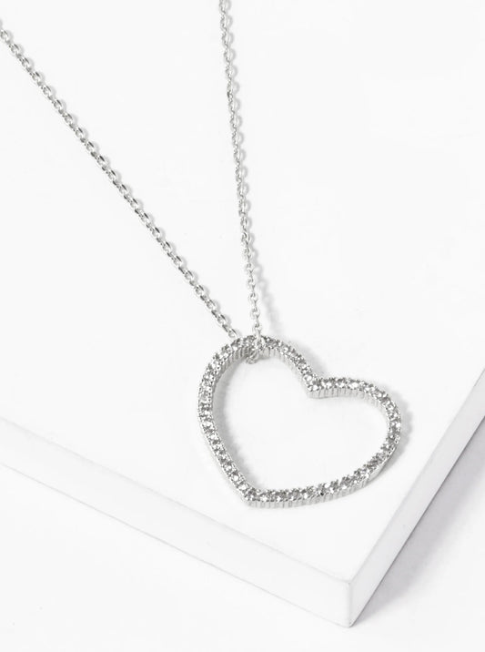 White Gold Dipped CZ Pave 20mm Sideways Heart Pendant Necklace