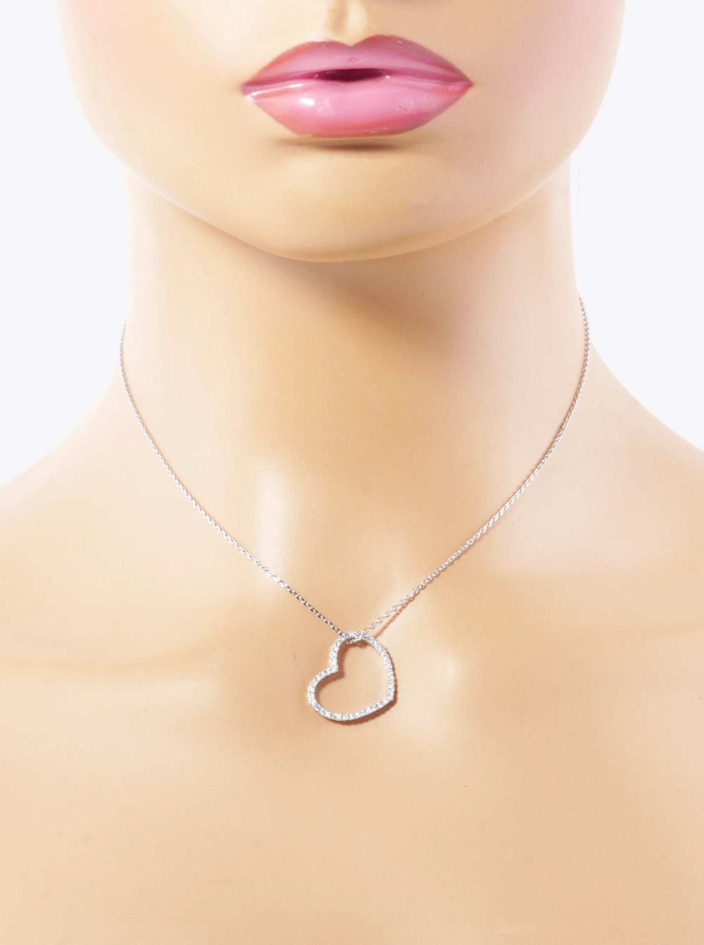 White Gold Dipped CZ Pave 20mm Sideways Heart Pendant Necklace