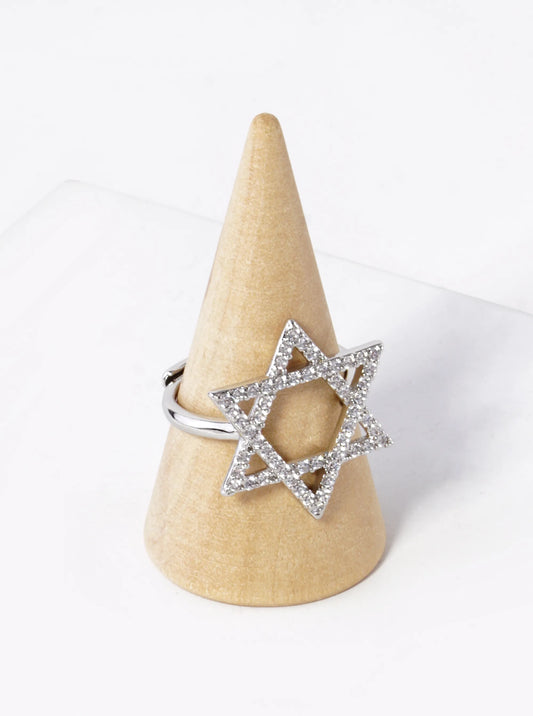 White Gold Dipped CZ Pave 22mm Star Of David Adjustable Ring