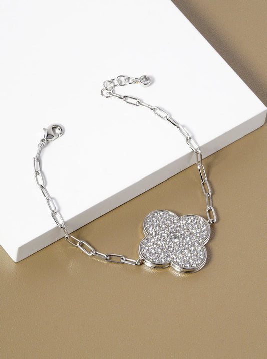 White Gold Dipped CZ Pave 25mm Quatrefoil Chain Bracelet