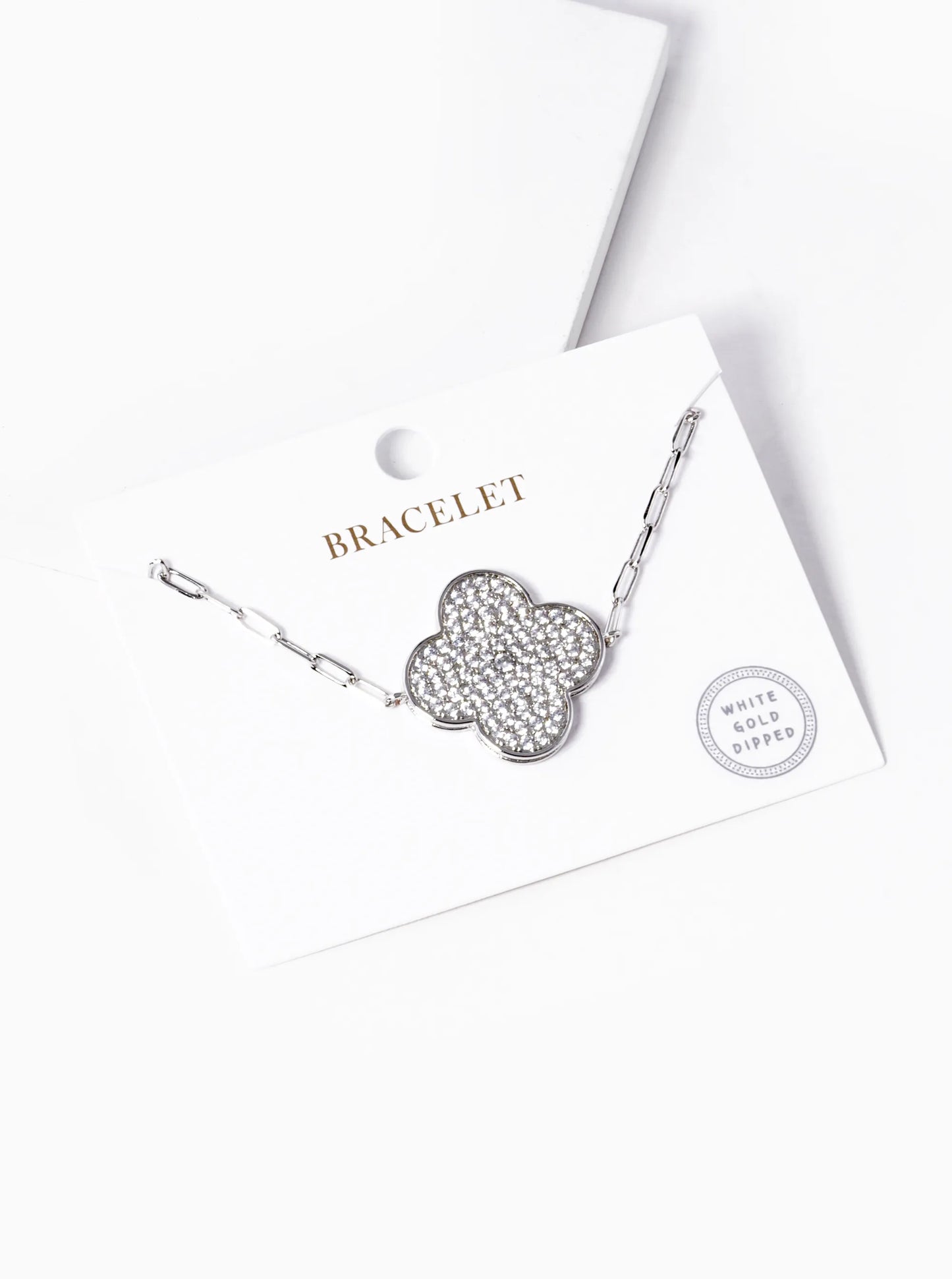 White Gold Dipped CZ Pave 25mm Quatrefoil Chain Bracelet