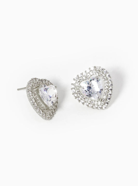 White Gold Dipped CZ Pave 3-Prong Heart Stone Stud Earrings