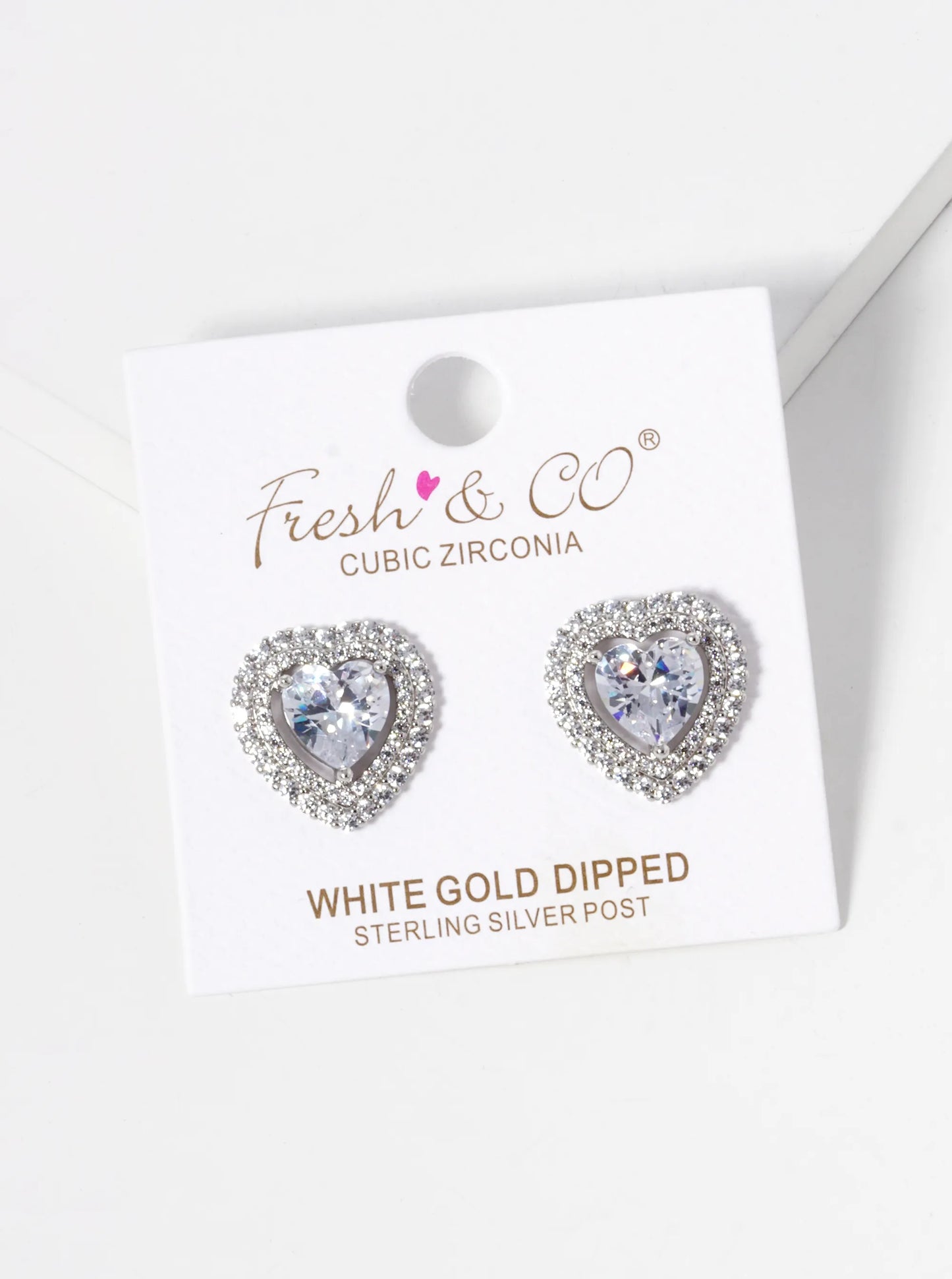 White Gold Dipped CZ Pave 3-Prong Heart Stone Stud Earrings