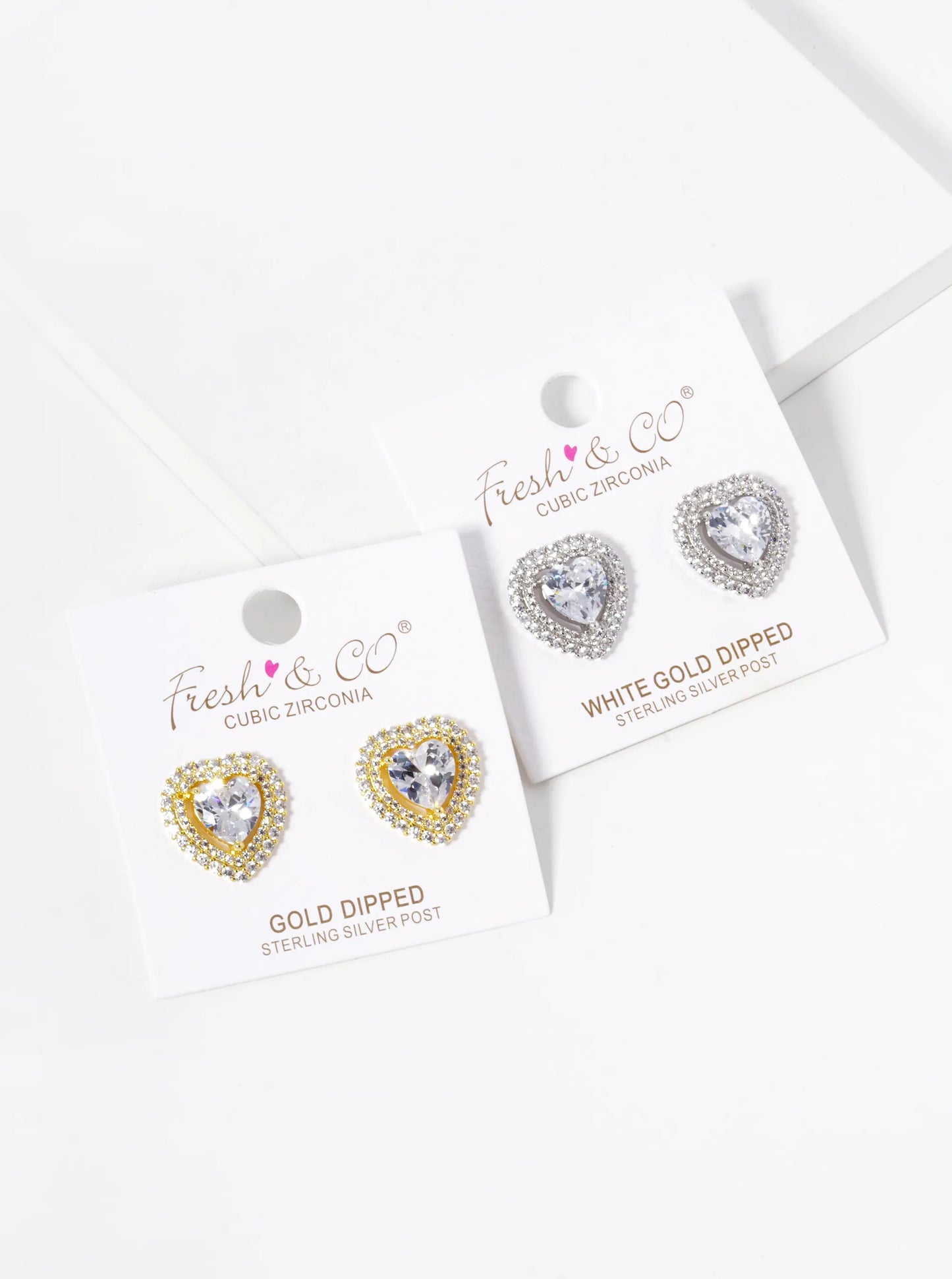 White Gold Dipped CZ Pave 3-Prong Heart Stone Stud Earrings