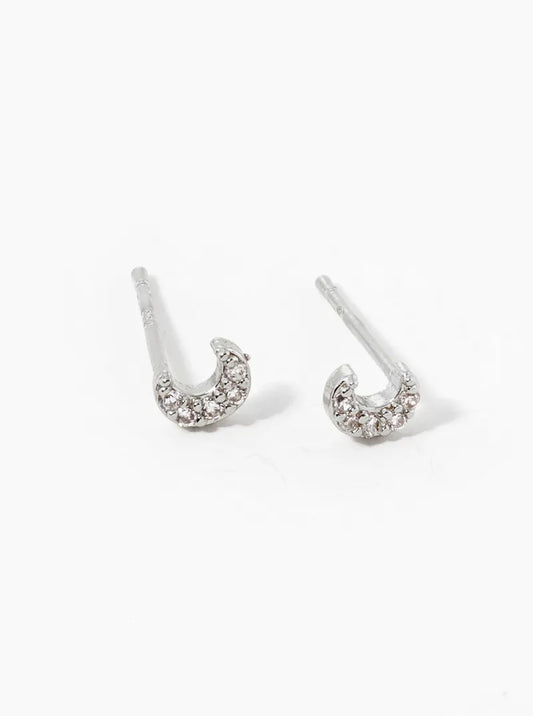 White Gold Dipped CZ Pave 4mm Dainty Moon Stud Earrings
