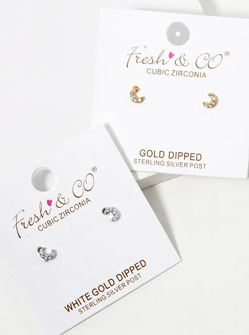 White Gold Dipped CZ Pave 4mm Dainty Moon Stud Earrings