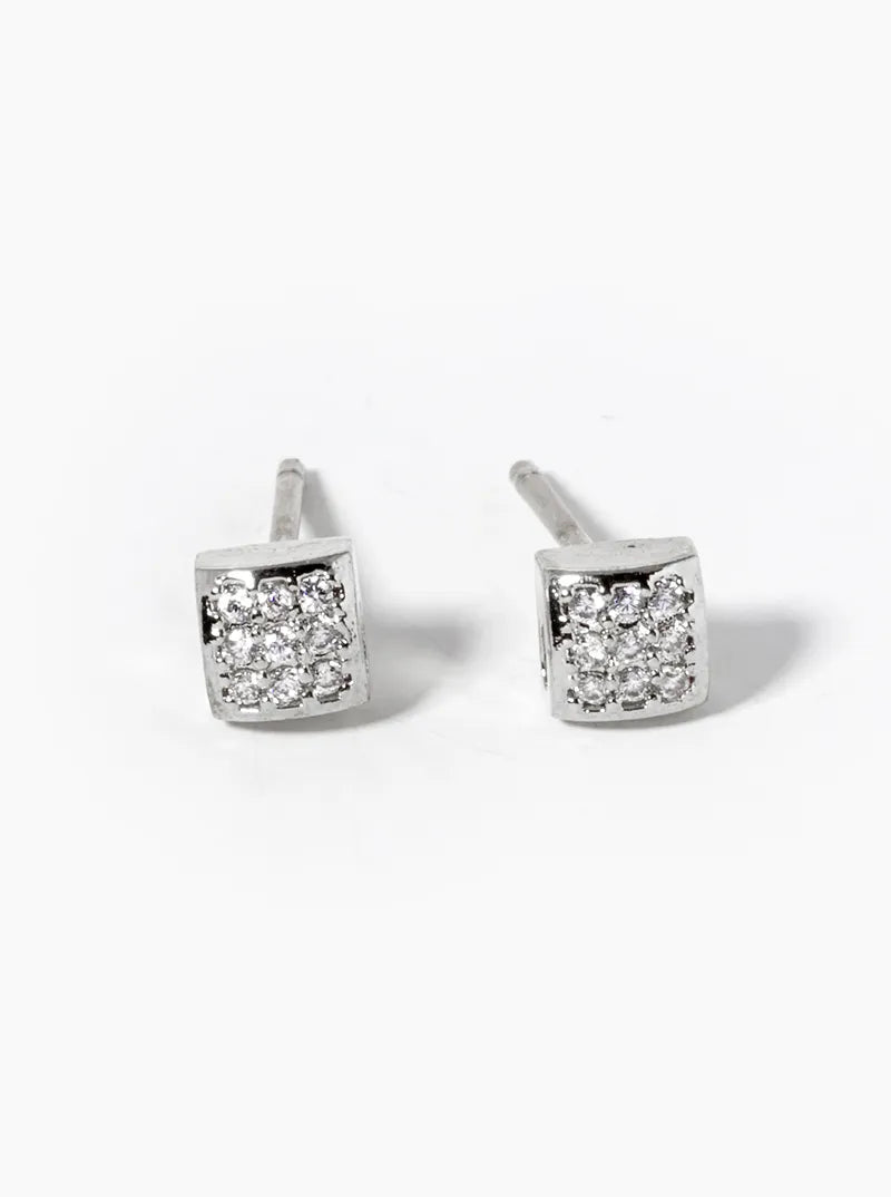 White Gold Dipped CZ Pave 4mm Square Post Stud Earrings