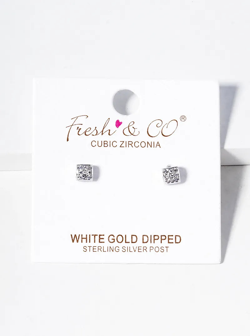 White Gold Dipped CZ Pave 4mm Square Post Stud Earrings