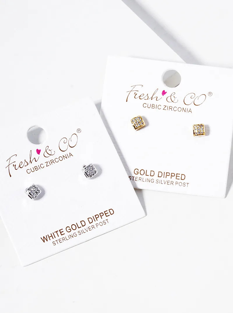 White Gold Dipped CZ Pave 4mm Square Post Stud Earrings