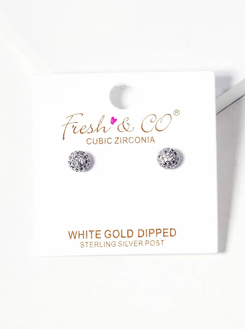 White Gold Dipped CZ Pave 5mm Ball Post Stud Earrings