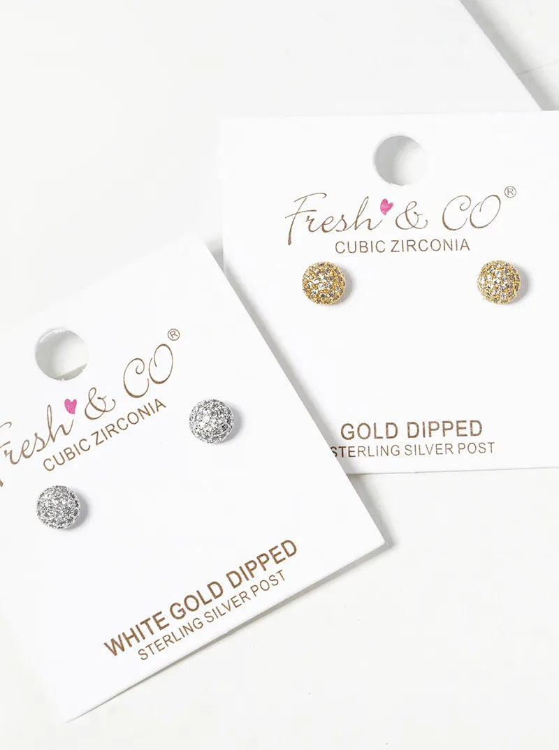 White Gold Dipped CZ Pave 5mm Ball Post Stud Earrings