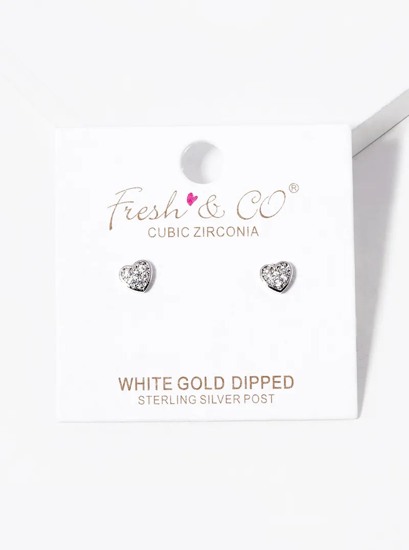 White Gold Dipped CZ Pave 5mm Heart Stud Earrings