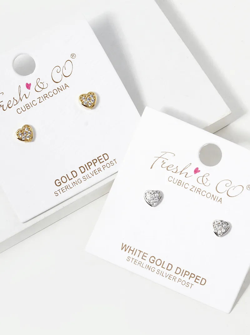 White Gold Dipped CZ Pave 5mm Heart Stud Earrings