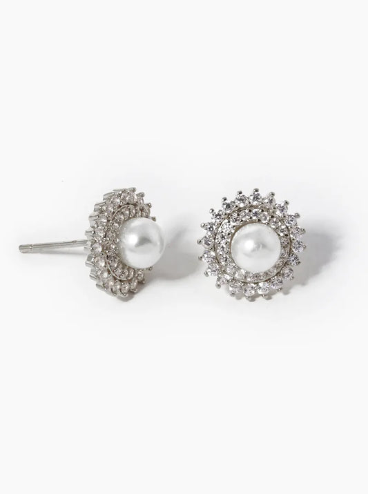 White Gold Dipped CZ Pave 5mm Pearl Stud Earrings