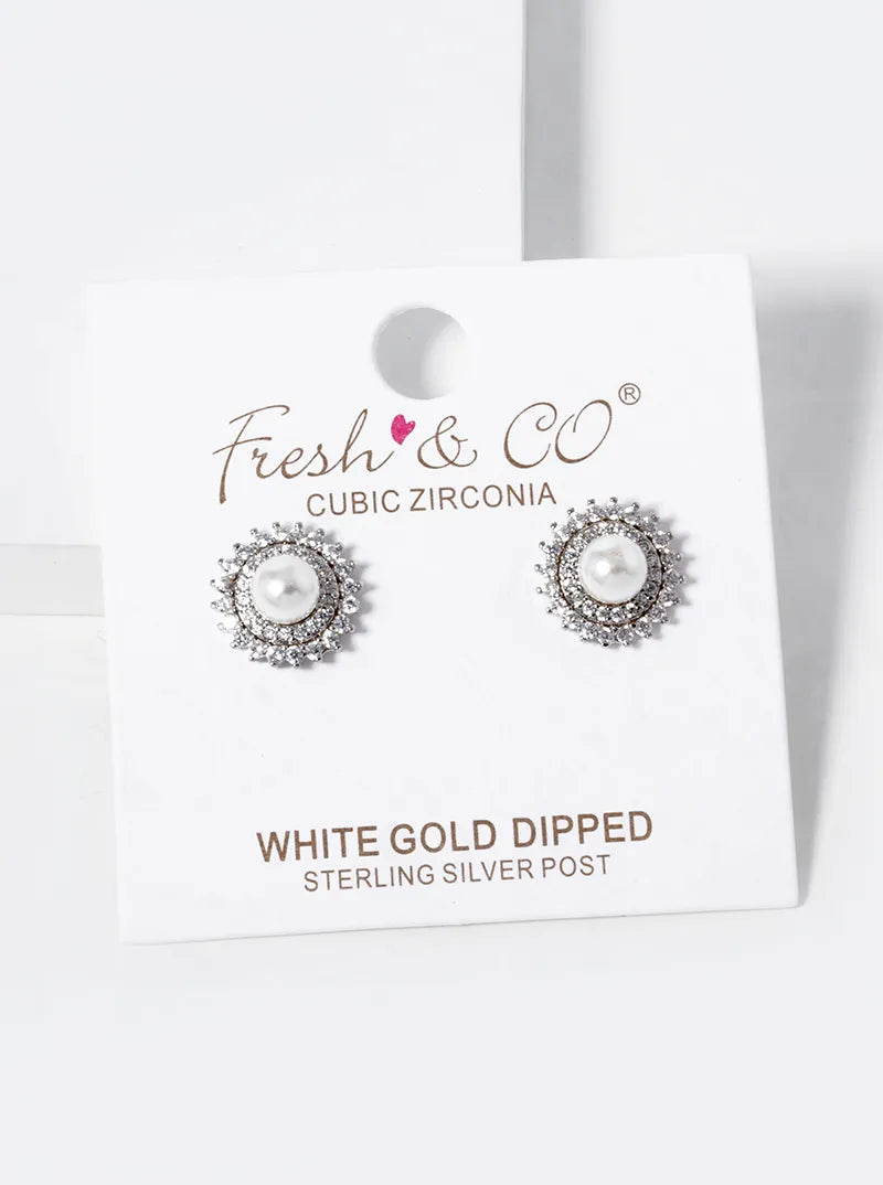 White Gold Dipped CZ Pave 5mm Pearl Stud Earrings