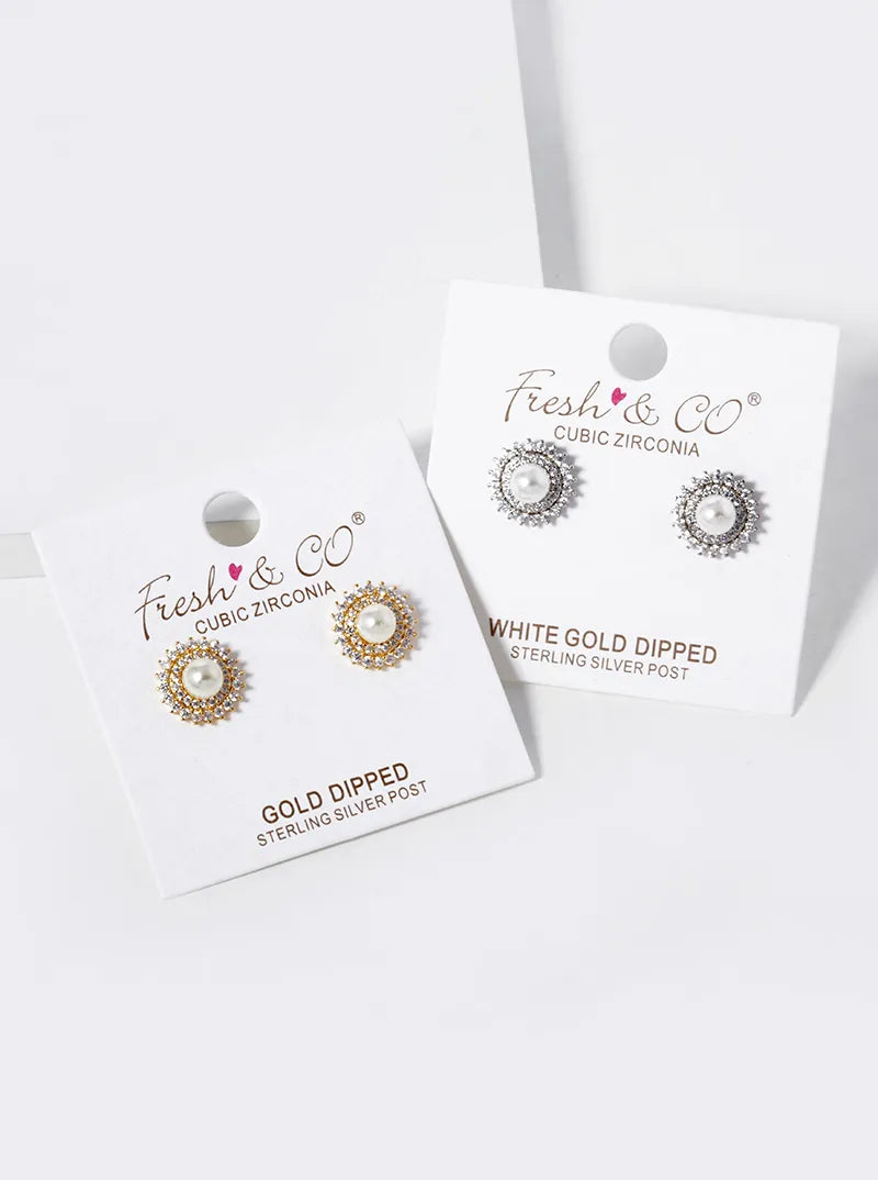 White Gold Dipped CZ Pave 5mm Pearl Stud Earrings