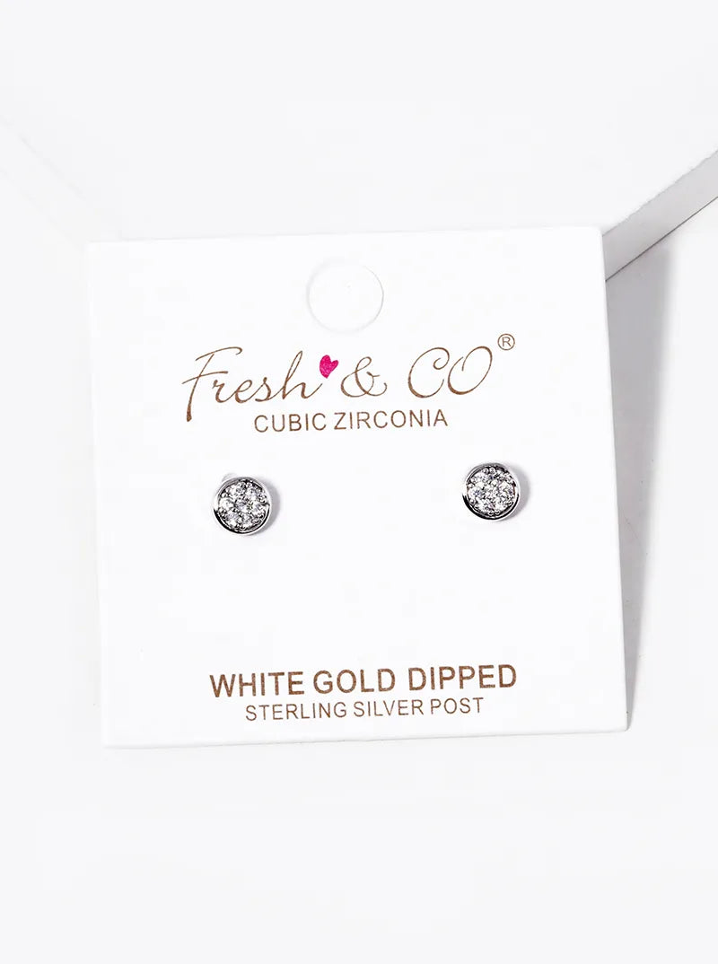White Gold Dipped CZ Pave 5mm Round Stud Earrings