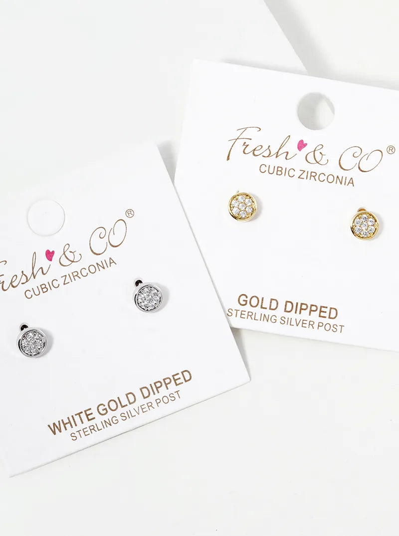 White Gold Dipped CZ Pave 5mm Round Stud Earrings