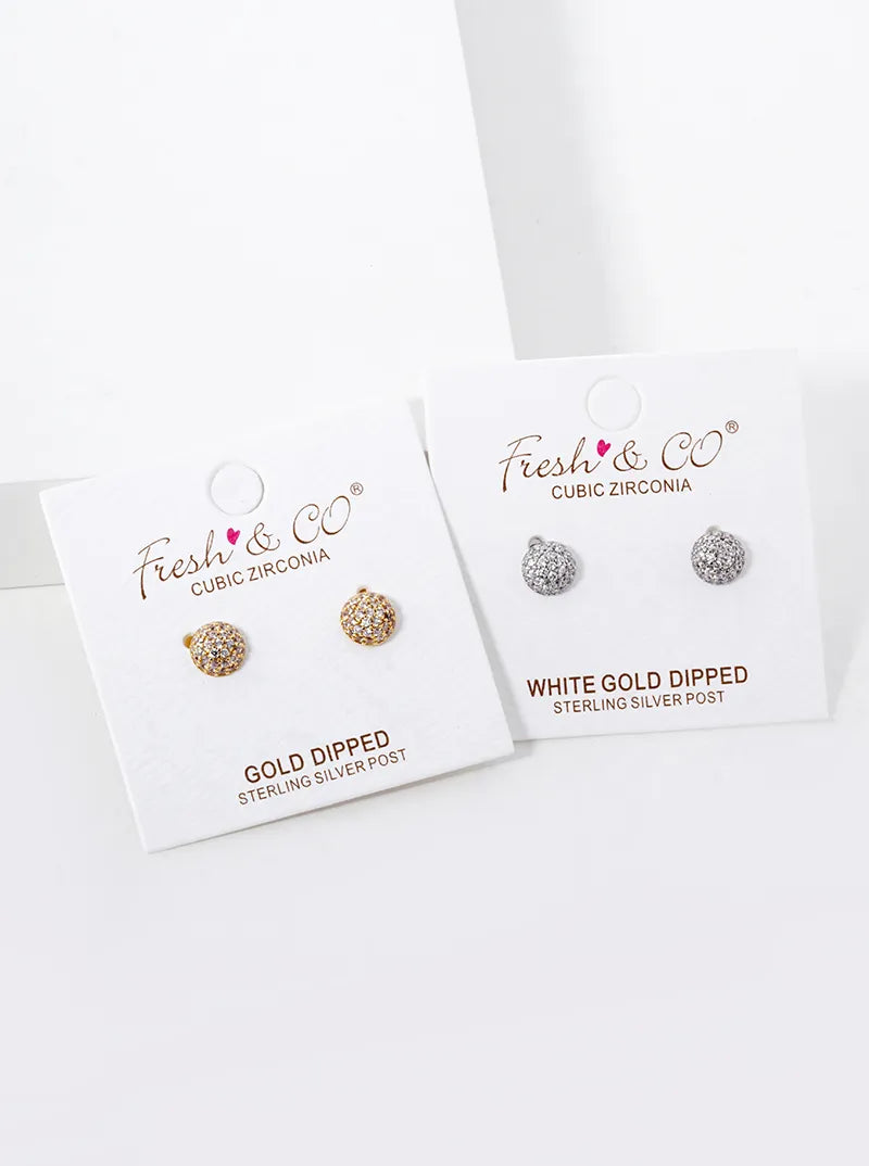 White Gold Dipped CZ Pave 6mm Hemisphere Stud Earrings
