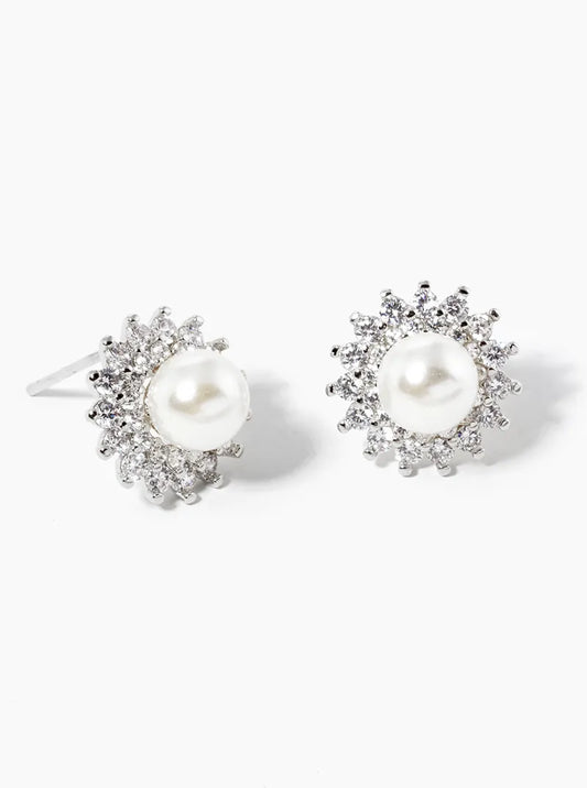 White Gold Dipped CZ Pave 6mm Pearl Post Stud Earrings