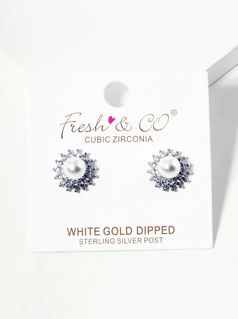 White Gold Dipped CZ Pave 6mm Pearl Post Stud Earrings