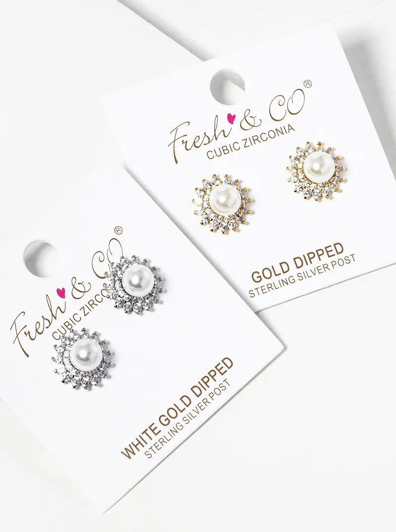 White Gold Dipped CZ Pave 6mm Pearl Post Stud Earrings