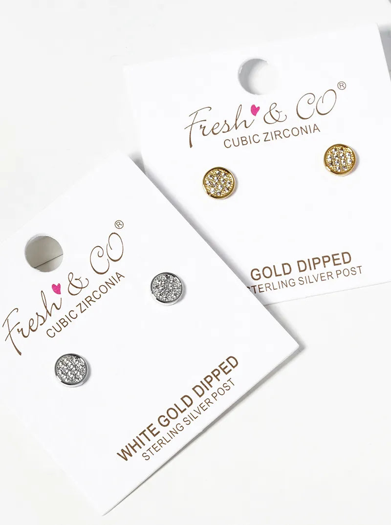 White Gold Dipped CZ Pave 6mm Round Post Stud Earrings